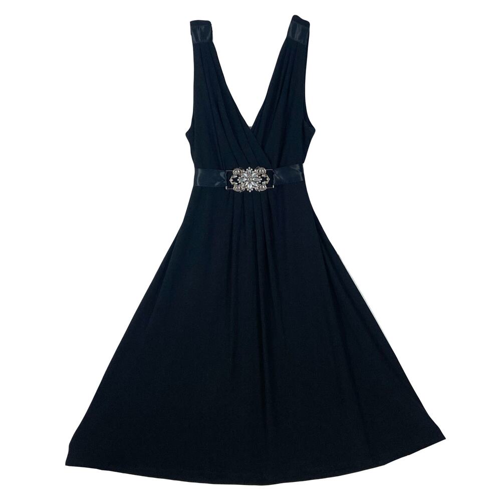 NWOT SCARLETT Dress 10 Black Crystal-Jewel-Buckle Satin-Tie-Bow Fit&Flare V-Neck
